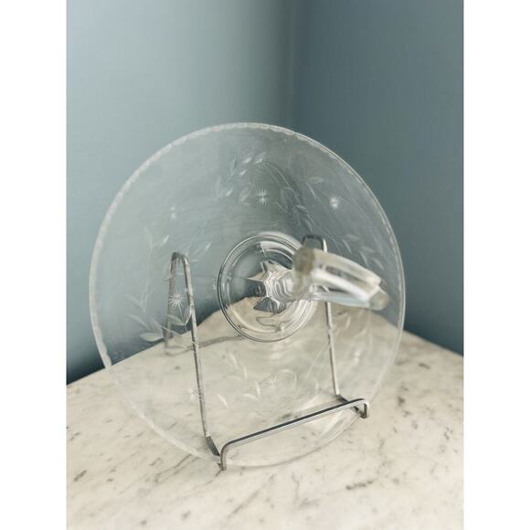 Vintage Tidbit 11” Serving Tray Dish Etched Glass Handle Floral Scallop Trim - Picture 1 of 16